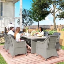 Outsunny 6 Seater Rattan Dining Set, Round PE Rattan Garden Furniture Set with Seat and Back Cushions, Aluminium Dining Table and Chairs with Cat Scratch Resistant Material, Grey - thumbnail 7