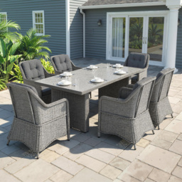 Outsunny 6 Seater Rattan Dining Set, Round PE Rattan Garden Furniture Set with Seat and Back Cushions, Aluminium Dining Table and Chairs with Cat Scratch Resistant Material, Grey - thumbnail 2