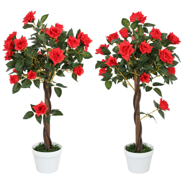 Outsunny Set of 2 Artificial Plants White Rose Floral in Pot, Fake Plants for Home Indoor Outdoor Decor, 90cm, Red - image 1
