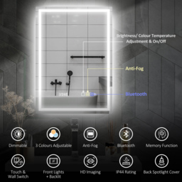 HOMCOM 50 x 70 cm Anti-Fog LED Bathroom Mirror with Bluetooth and Clock, Stylish & Functional Design, Silver - Aosom UK - thumbnail 4