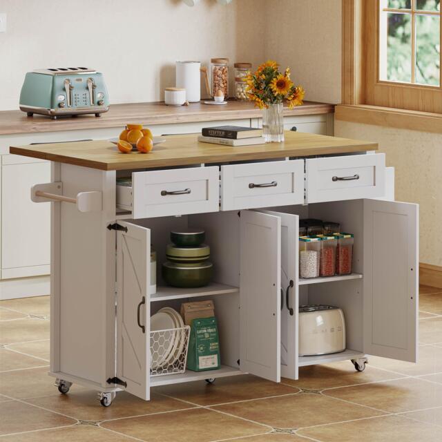 Mobile Kitchen Island with 5 Lockable Castors, Central Wheel, Practical Cart with Foldable Tabletop, 140L x 70W x 90.5H cm, White+Natural - Aosom UK - image 1