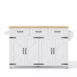 Mobile Kitchen Island with 5 Lockable Castors, Central Wheel, Practical Cart with Foldable Tabletop, 140L x 70W x 90.5H cm, White+Natural - Aosom UK - thumbnail 2