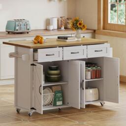 Mobile Kitchen Island with 5 Lockable Castors, Central Wheel, Practical Cart with Foldable Tabletop, 140L x 70W x 90.5H cm, White+Natural - Aosom UK - thumbnail 1