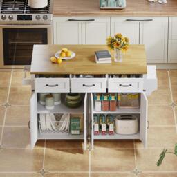Mobile Kitchen Island with 5 Lockable Castors, Central Wheel, Practical Cart with Foldable Tabletop, 140L x 70W x 90.5H cm, White+Natural - Aosom UK - thumbnail 9