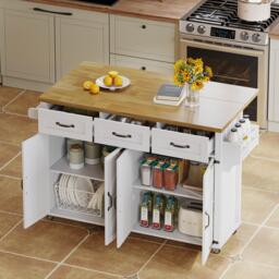 Mobile Kitchen Island with 5 Lockable Castors, Central Wheel, Practical Cart with Foldable Tabletop, 140L x 70W x 90.5H cm, White+Natural - Aosom UK - thumbnail 8