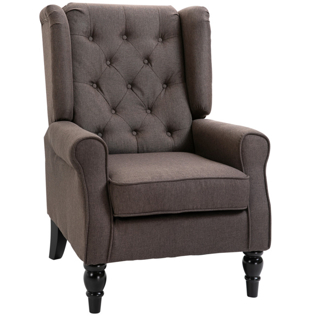HOMCOM Wing Back Armchair with 160kg Capacity Wingback Upholstered Button Tufted Chair for Living Room Bedroom, Brown - Aosom UK - image 1