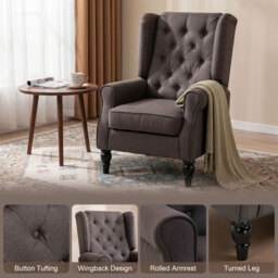 HOMCOM Wing Back Armchair with 160kg Capacity Wingback Upholstered Button Tufted Chair for Living Room Bedroom, Brown - Aosom UK - thumbnail 4