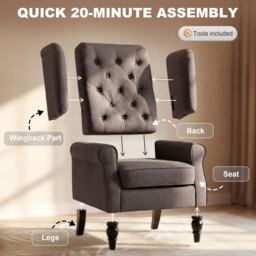HOMCOM Wing Back Armchair with 160kg Capacity Wingback Upholstered Button Tufted Chair for Living Room Bedroom, Brown - Aosom UK - thumbnail 7