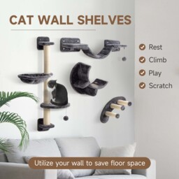 PawHut Four-Piece Cat Wall Furniture, with Hammock, Ladder, Platforms, Steps, for Indoor Use - Dark Grey - thumbnail 4