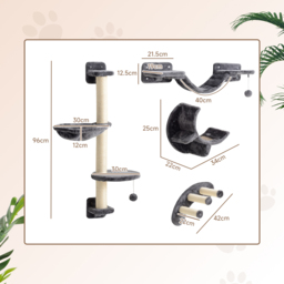 PawHut Four-Piece Cat Wall Furniture, with Hammock, Ladder, Platforms, Steps, for Indoor Use - Dark Grey - thumbnail 3