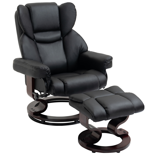 HOMCOM Reclining Swivel Armchair Footstool Set Sofa Padded PU Leather Relaxing Manual Duo Metal Frame Bentwood Base Black - image 1