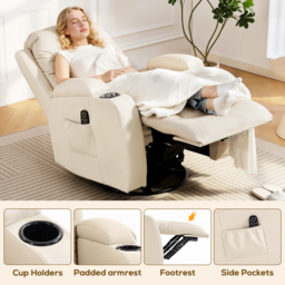 HOMCOM PU Leather Recliner Chair, Recliner Armchair with Extended Footrest, Cup Holders and Side Pockets, Cream - thumbnail 7
