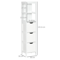HOMCOM Narrow Floor Cabinet, Bathroom Cabinet with 3 Drawers and 2 Open Shelves, 30W x 30D x 141.6Hcm, White - thumbnail 3
