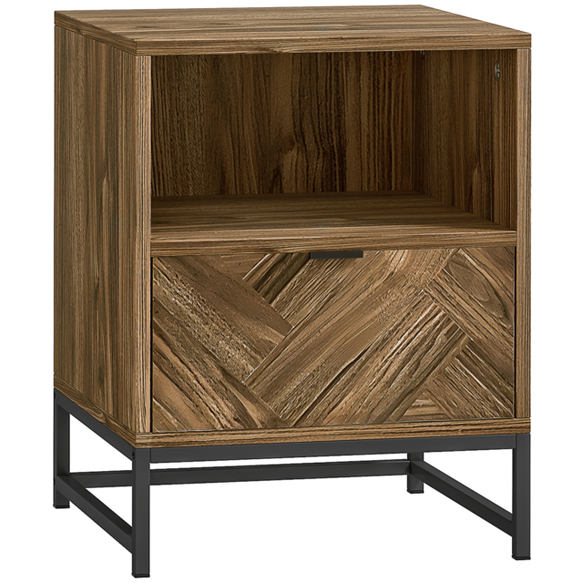 HOMCOM Bedside Table with Drawer and Shelf, Side End Table with Steel Legs for Living Room, Bedroom, Brown Wood Effect - image 1