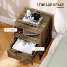 HOMCOM Bedside Table with Drawer and Shelf, Side End Table with Steel Legs for Living Room, Bedroom, Brown Wood Effect - thumbnail 5