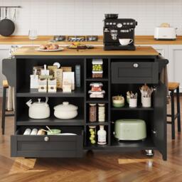 Modern Dining Trolley with Drawers, Cupboards and Open Shelving, Mobile Kitchen Cart with Wooden Worktop, 129L x 46W x 92H cm, Black - Aosom UK - thumbnail 7