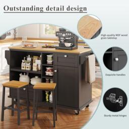 Modern Dining Trolley with Drawers, Cupboards and Open Shelving, Mobile Kitchen Cart with Wooden Worktop, 129L x 46W x 92H cm, Black - Aosom UK - thumbnail 5