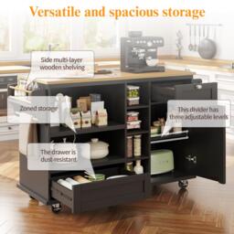 Modern Dining Trolley with Drawers, Cupboards and Open Shelving, Mobile Kitchen Cart with Wooden Worktop, 129L x 46W x 92H cm, Black - Aosom UK - thumbnail 4