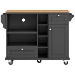 Modern Dining Trolley with Drawers, Cupboards and Open Shelving, Mobile Kitchen Cart with Wooden Worktop, 129L x 46W x 92H cm, Black - Aosom UK - thumbnail 2