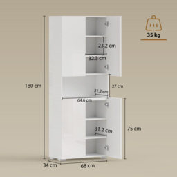 HOMCOM 180 cm Tall Kitchen Cupboard, Pantry Storage Cabinet with Soft Close Doors and Adjustable Shelves, High Gloss White - thumbnail 3
