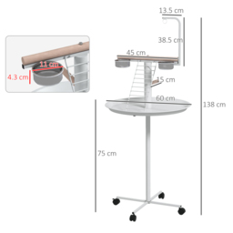PawHut Bird Stand with Four Wheels, Perches, Stainless Steel Feed Bows, Round Tray, for Garden, Indoor, Outdoor - White - Aosom UK - thumbnail 3