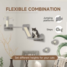 PawHut Cat Shelves with Scratching Posts, Scratching Pads, Perches, Cat Wands, Toy Balls, 3PCs for Indoor Light Grey - Aosom UK - thumbnail 5