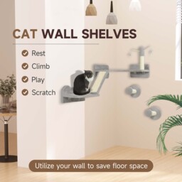 PawHut Cat Shelves with Scratching Posts, Scratching Pads, Perches, Cat Wands, Toy Balls, 3PCs for Indoor Light Grey - Aosom UK - thumbnail 4