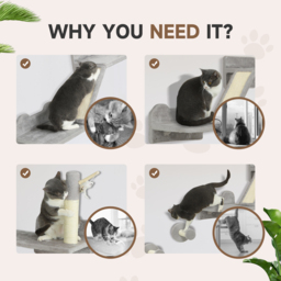 PawHut Cat Shelves with Scratching Posts, Scratching Pads, Perches, Cat Wands, Toy Balls, 3PCs for Indoor Light Grey - Aosom UK - thumbnail 6