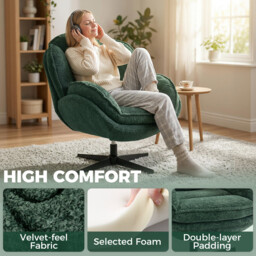 HOMCOM Modern Wingback Accent Chair, Velvet Armchair with Four-Star Base, S-Springs, 360° Swivel, Dark Green - thumbnail 5
