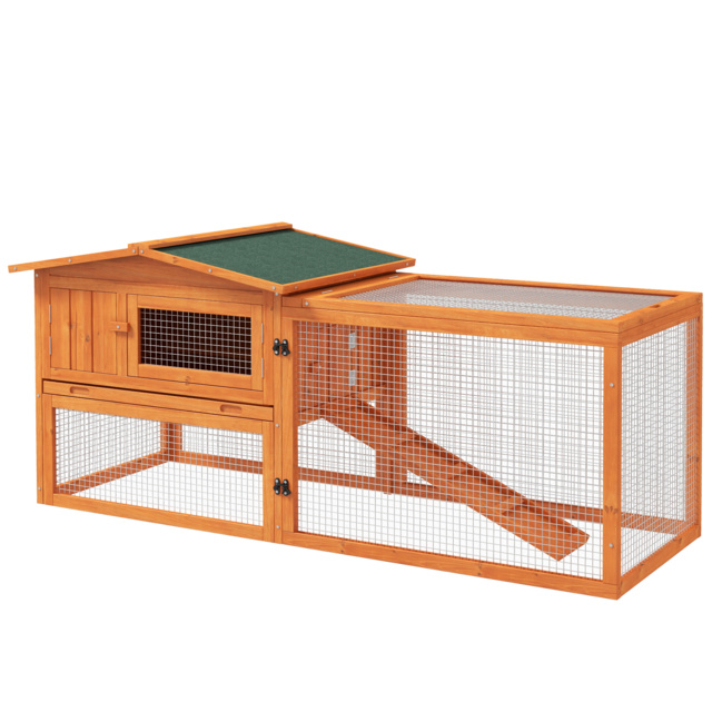 PawHut Rabbit Hutch and Run Outdoor Bunny Cage Wooden Guinea Pig Hide House with Sliding Tray, Hay Rack, Ramp, 156 x 58 x 68cm - image 1