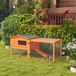 PawHut Rabbit Hutch and Run Outdoor Bunny Cage Wooden Guinea Pig Hide House with Sliding Tray, Hay Rack, Ramp, 156 x 58 x 68cm - thumbnail 2
