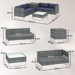 Outsunny 4 Piece Rattan Garden Furniture Set, Outdoor Corner Sofa Set with Storage Table, Loveseats, Cushions - Dark Blue - thumbnail 3