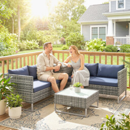 Outsunny 4 Piece Rattan Garden Furniture Set, Outdoor Corner Sofa Set with Storage Table, Loveseats, Cushions - Dark Blue - thumbnail 2