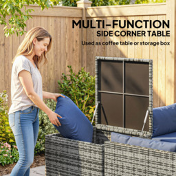 Outsunny 4 Piece Rattan Garden Furniture Set, Outdoor Corner Sofa Set with Storage Table, Loveseats, Cushions - Dark Blue - thumbnail 4