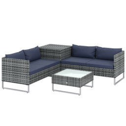 Outsunny 4 Piece Rattan Garden Furniture Set, Outdoor Corner Sofa Set with Storage Table, Loveseats, Cushions - Dark Blue - thumbnail 1