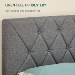 HOMCOM Double Bed Frame with 5-Level Adjustable Linen Upholstered Headboard, Wooden Slats Mattress Foundation, No Box Spring Needed, Grey - Aosom UK - thumbnail 5