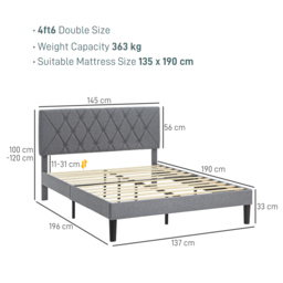 HOMCOM Double Bed Frame with 5-Level Adjustable Linen Upholstered Headboard, Wooden Slats Mattress Foundation, No Box Spring Needed, Grey - Aosom UK - thumbnail 3