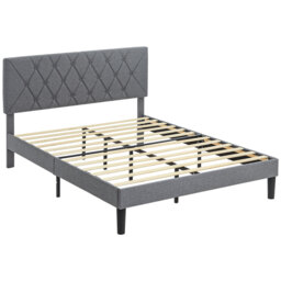 HOMCOM Double Bed Frame with 5-Level Adjustable Linen Upholstered Headboard, Wooden Slats Mattress Foundation, No Box Spring Needed, Grey - Aosom UK - thumbnail 1