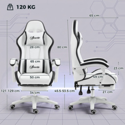 Vinsetto Racing Gaming Chair, Reclining PU Leather Computer Chair with 360 Degree Swivel Seat, Footrest, Removable Headrest White and Black - Aosom UK - thumbnail 3