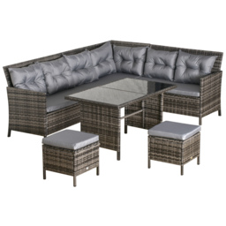 Outsunny 8 Seater Rattan Sofa Set with Thick Cushions, Rattan Garden Furniture Set with Tempered Glass Table and 2 Foot Stool, Grey - Aosom UK