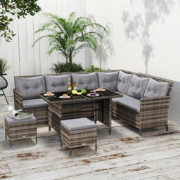 Outsunny 8 Seater Rattan Sofa Set with Thick Cushions, Rattan Garden Furniture Set with Tempered Glass Table and 2 Foot Stool, Grey - Aosom UK - thumbnail 2