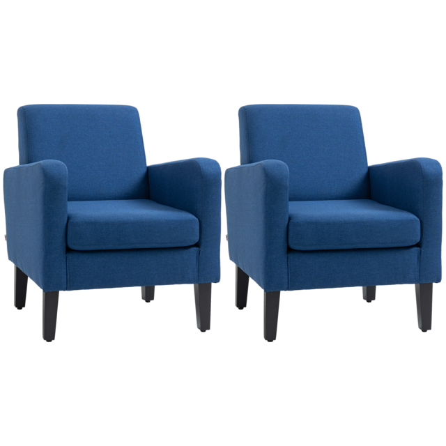 HOMCOM 2 Pieces Modern Armchairs with Rubber Wood Legs, Upholstered Accent Chairs, Single Sofa for Living Room, Bedroom, Blue - image 1