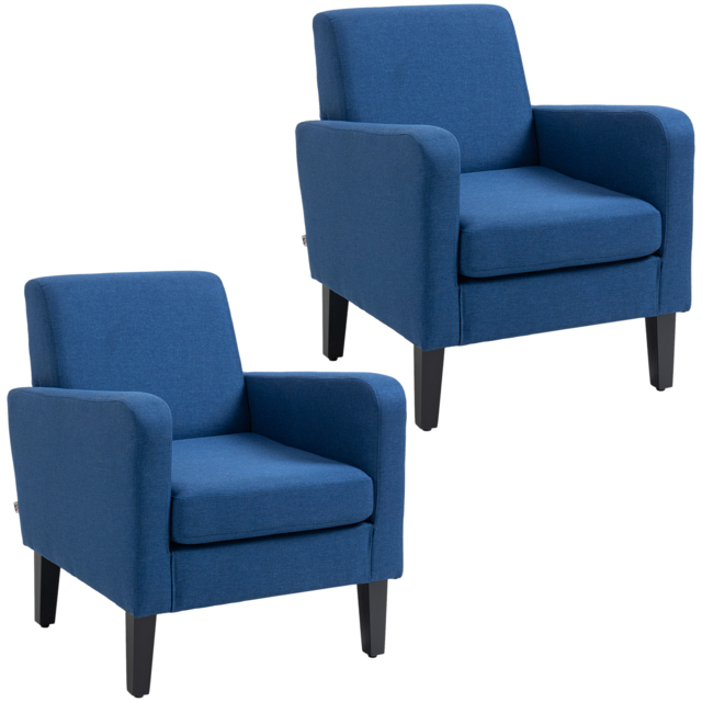 HOMCOM 2 Pieces Modern Armchairs with Rubber Wood Legs, Upholstered Accent Chairs, Single Sofa for Living Room, Bedroom, Blue - image 1