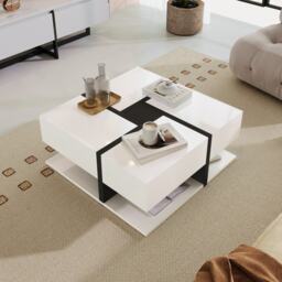 White Coffee Table with 4 Drawers and Bottom Open Storage Space, Living Room Table with Unique Pattern for Sofa Side, 78x78x36 cm, White - Aosom.UK - thumbnail 6