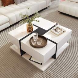 White Coffee Table with 4 Drawers and Bottom Open Storage Space, Living Room Table with Unique Pattern for Sofa Side, 78x78x36 cm, White - Aosom.UK - thumbnail 1