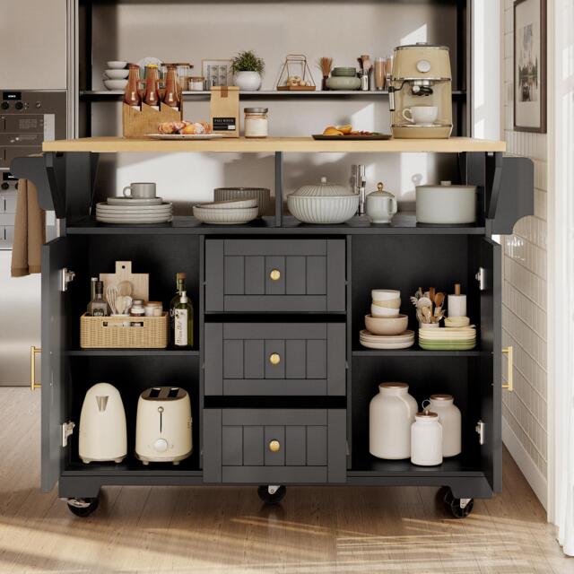 Extendable Kitchen Island with 3 Drawers and Adjustable Shelves, Trolley Cabinet with Double-Sided Drop-Leaf, 120L x 40-80W x 95H cm, Black - Aosom UK - image 1