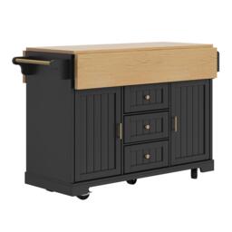 Extendable Kitchen Island with 3 Drawers and Adjustable Shelves, Trolley Cabinet with Double-Sided Drop-Leaf, 120L x 40-80W x 95H cm, Black - Aosom UK - thumbnail 2