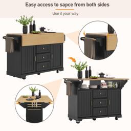 Extendable Kitchen Island with 3 Drawers and Adjustable Shelves, Trolley Cabinet with Double-Sided Drop-Leaf, 120L x 40-80W x 95H cm, Black - Aosom UK - thumbnail 6