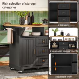 Extendable Kitchen Island with 3 Drawers and Adjustable Shelves, Trolley Cabinet with Double-Sided Drop-Leaf, 120L x 40-80W x 95H cm, Black - Aosom UK - thumbnail 4