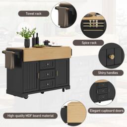 Extendable Kitchen Island with 3 Drawers and Adjustable Shelves, Trolley Cabinet with Double-Sided Drop-Leaf, 120L x 40-80W x 95H cm, Black - Aosom UK - thumbnail 5